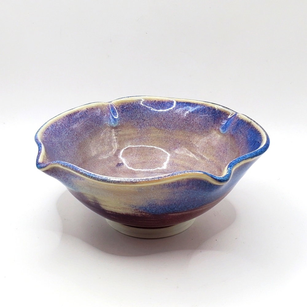 Studio Art Pottery Ruffled Trinket Dish Bowl Small Purple Blue Glazed Signed